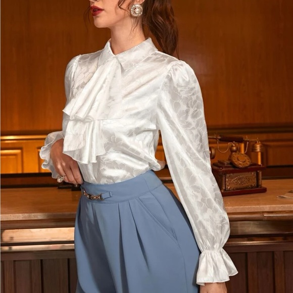 Elegant Classic Jacquard Long Sleeve Tie Neck Top Blouse Shirt - Picture 2 of 3